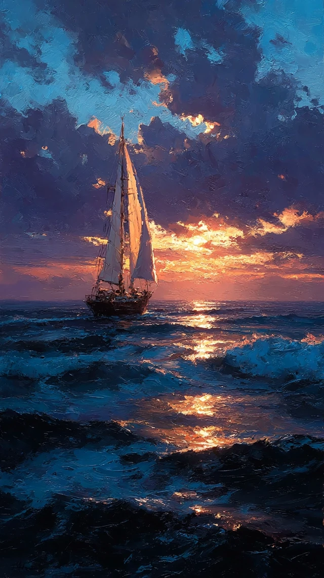 Sailboat on Stormy Sea Oil Painting