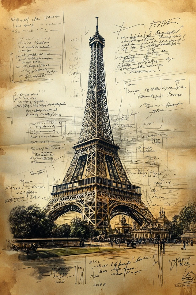 Eiffel Tower Sketch Vintage with Notes
