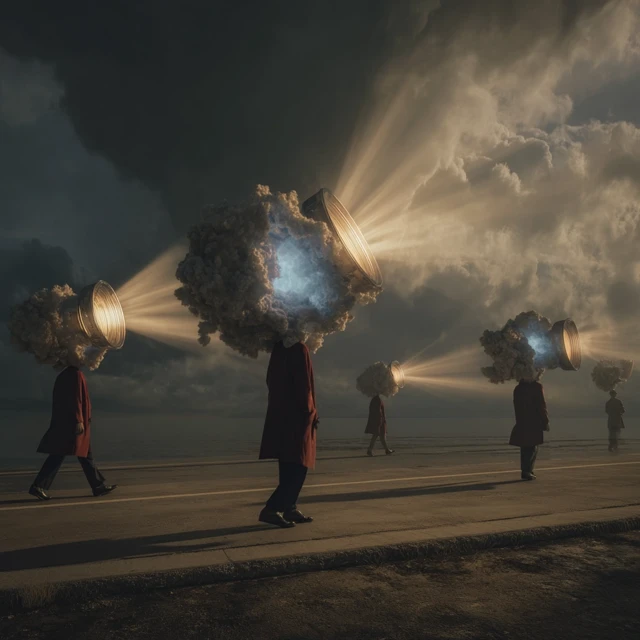 Surreal Road: People with Light Beams in a Stormy Sky