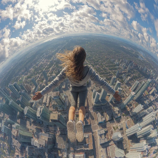 Girl Flying Over City Drone Shot Cinematic