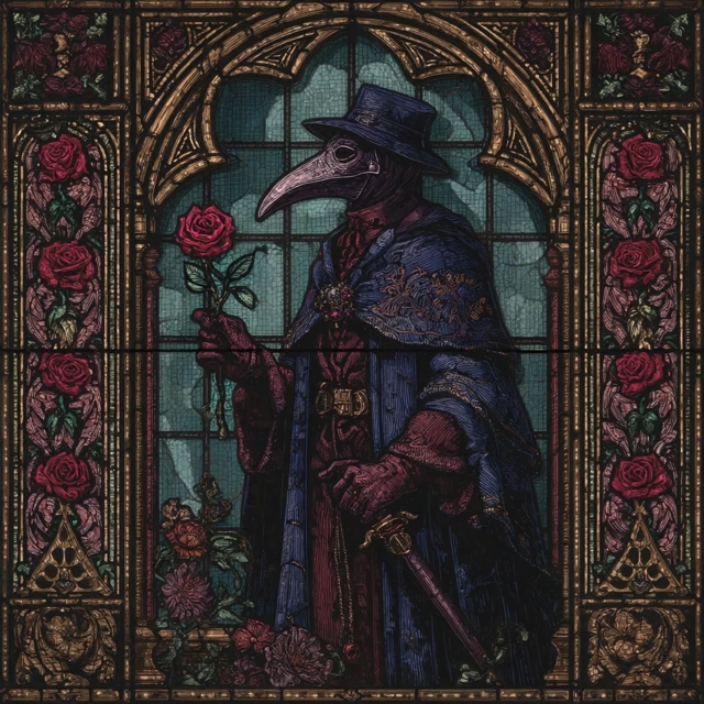 Stained Glass Plague Doctor Crimson Rose Gothic Art