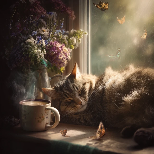 Cat Coffee Morning Sunbeam Illustration