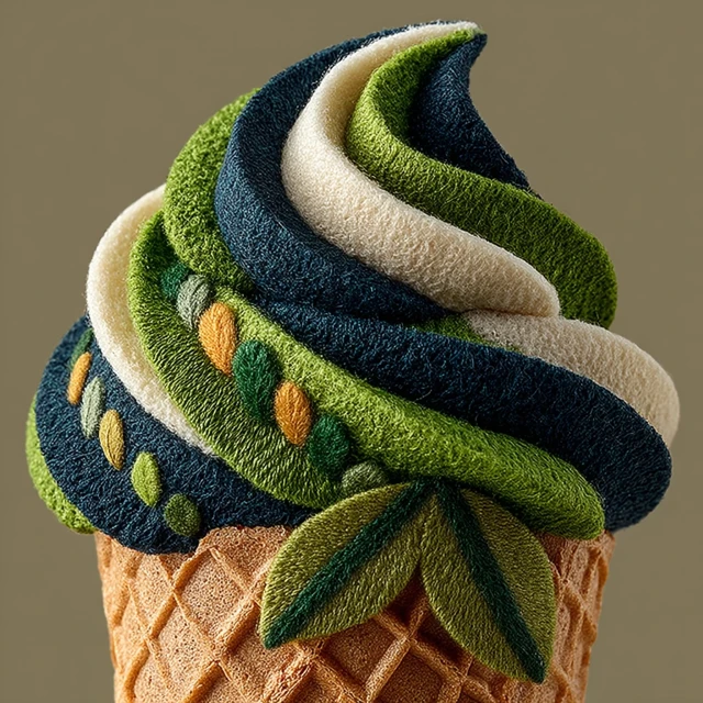 Matcha Ice Cream Cone with Feather Design