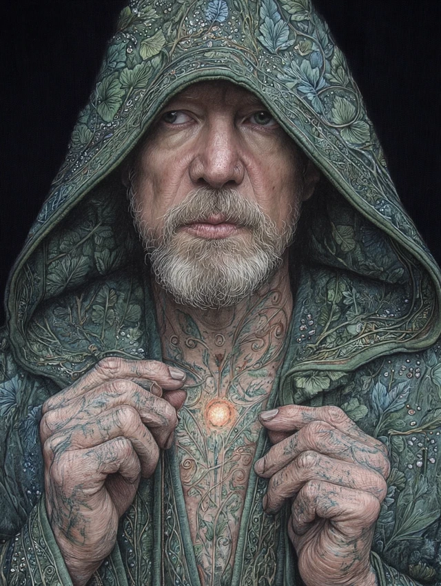Mystical Sorcerer in Green Hood Casting a Spell