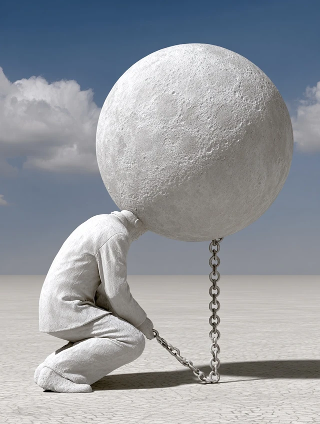 Surreal Image Man Carrying Burden Ball Chain
