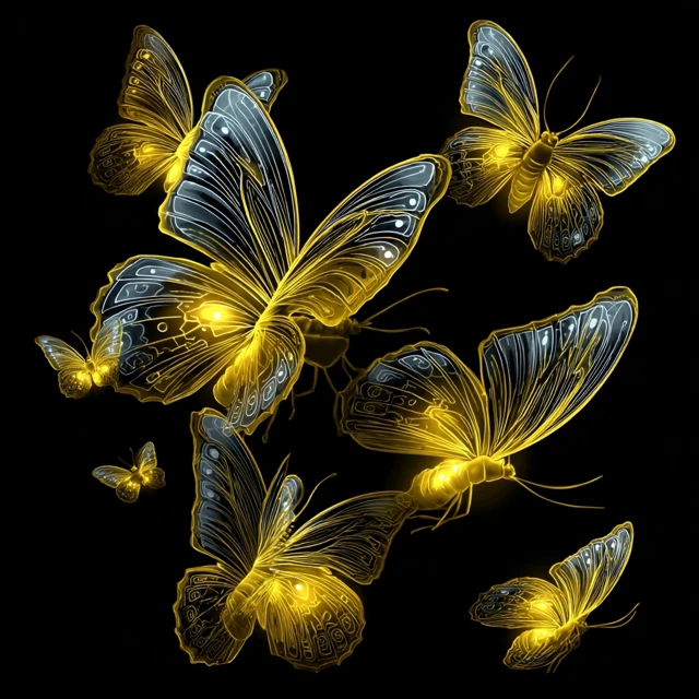 Glowing Yellow Butterflies on Black Background
