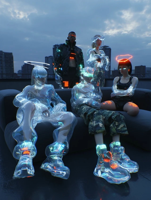 Cyberpunk Rooftop: Futuristic Youth in Neon City