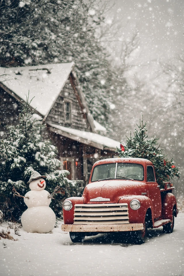 Vintage Red Truck Christmas Scene