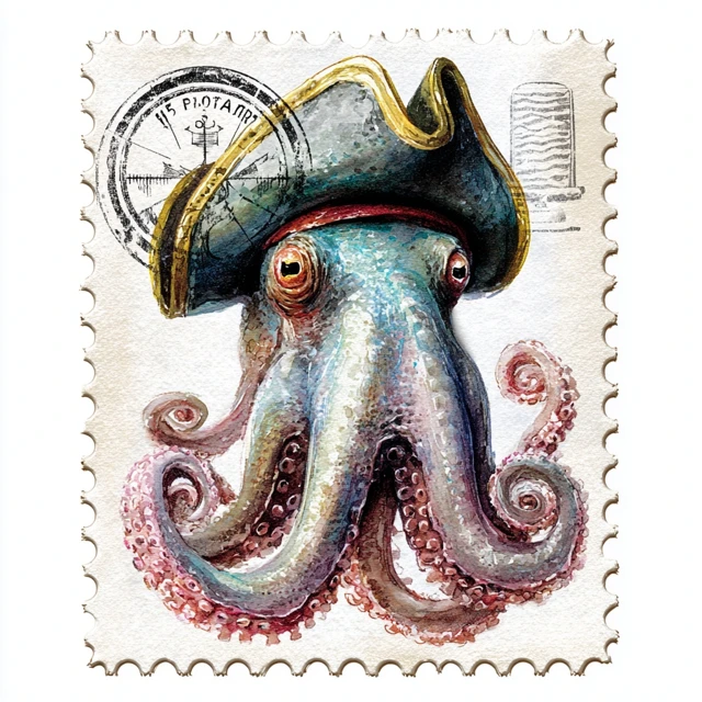 Watercolor Octopus Pirate Stamp Clipart