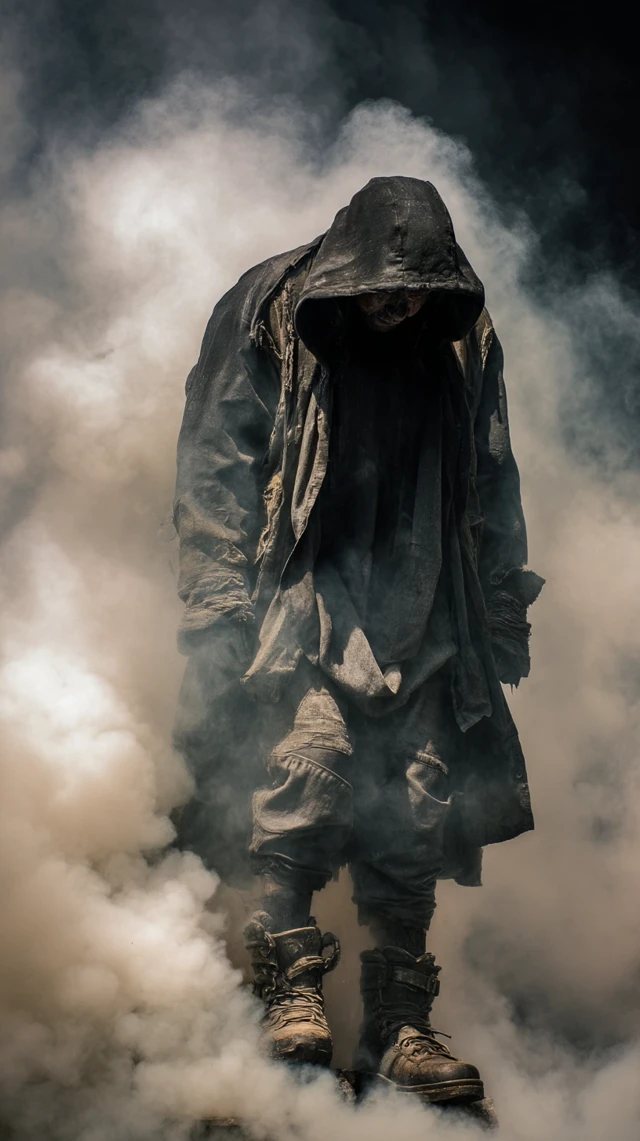 Lone Figure in Smoke Exhaustion and Acceptance
