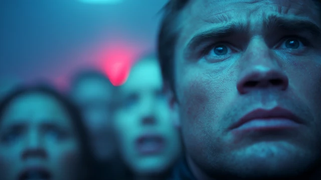 Man with Intense Gaze under Blue Emergency Light