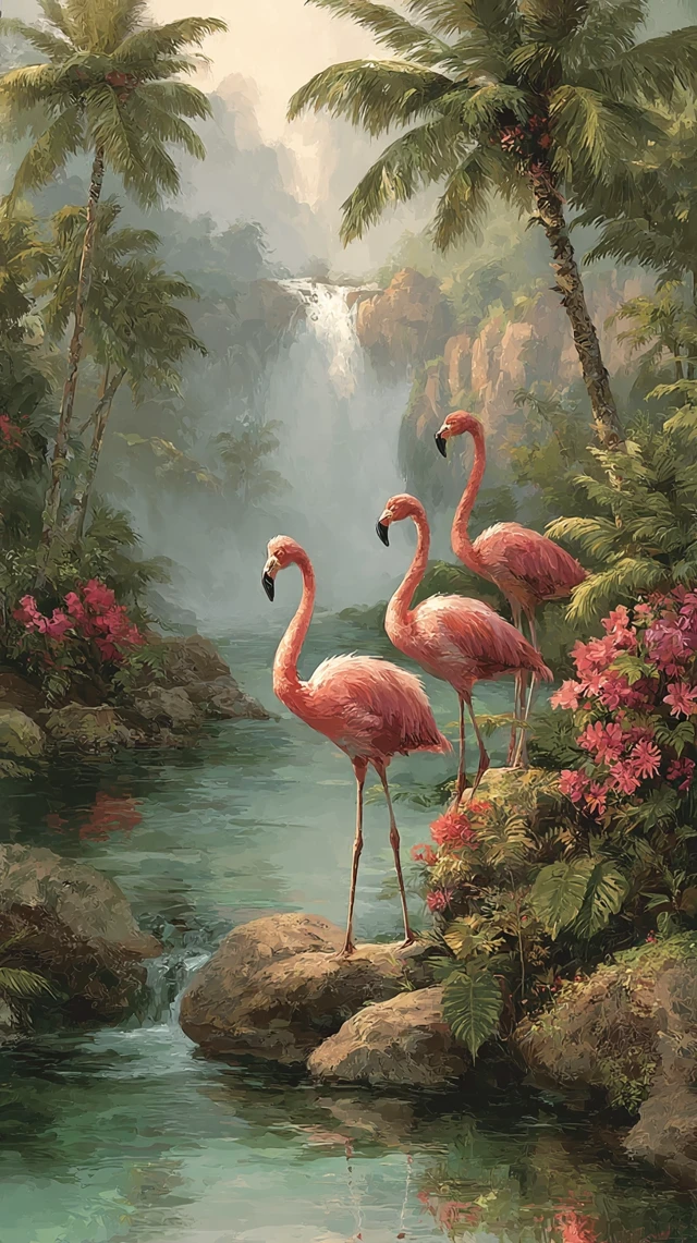 Flamingos Paradise Tropical Waterfall Serene Scene