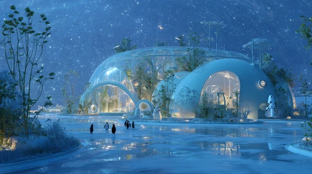 Futuristic Eco Habitat with Penguins and Nature