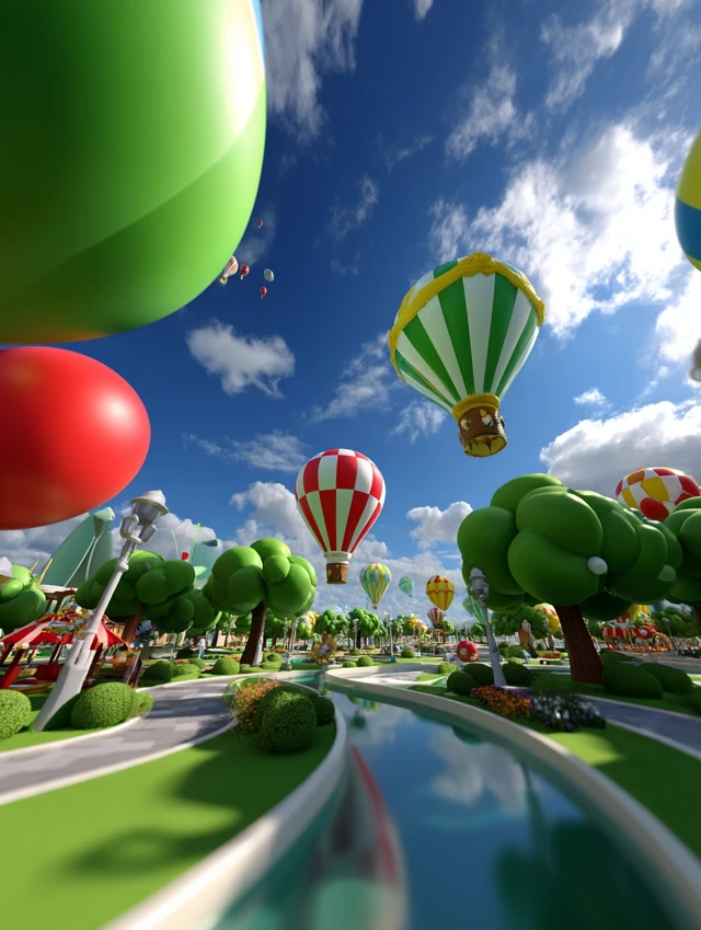 3D Cartoon Air Balloon Park Sunny and Joyful Scene
