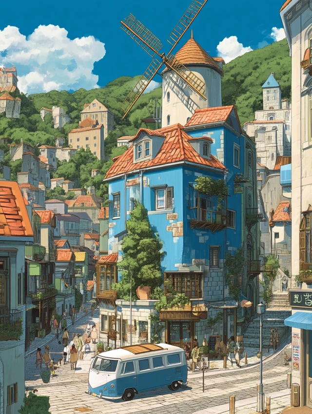 Medieval Town Illustration in Ghibli Style