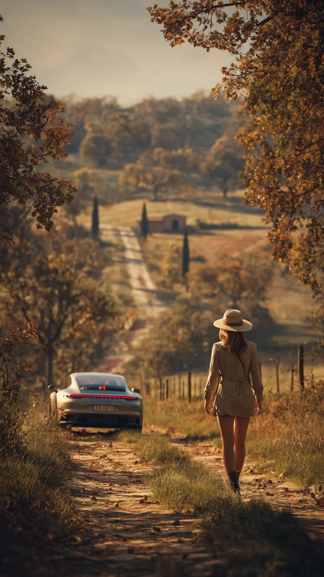 Tuscan Autumn Scene: Woman, Porsche, and Beautiful Landscape