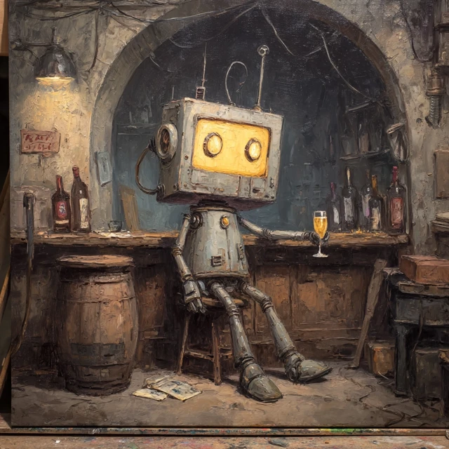 Drunk Robot at Bar Oil Painting