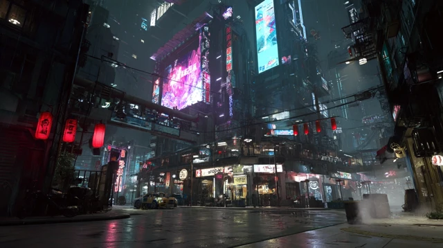 Cyberpunk City Intersection Detailed Street View