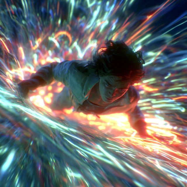 Futuristic Traveler in Hyperspace Tunnel