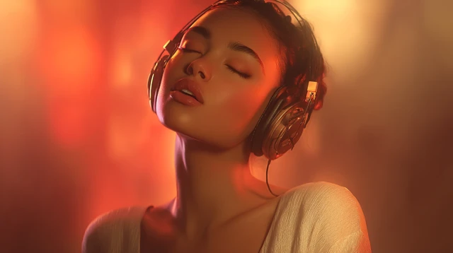 Beautiful Girl with Headphones Listening to Music