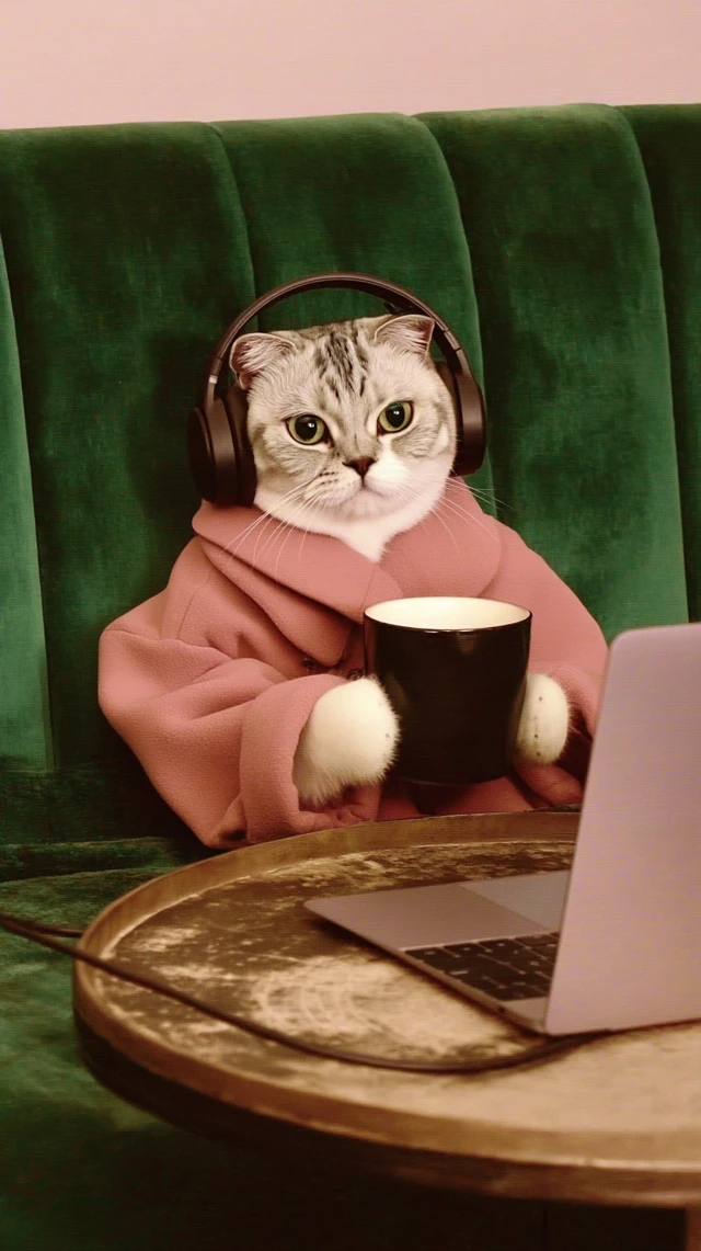 Cute Cat Relaxing with Coffee and Laptop