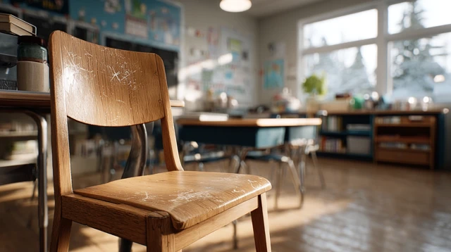 Childs School Chair with Scratches and Classroom Lights