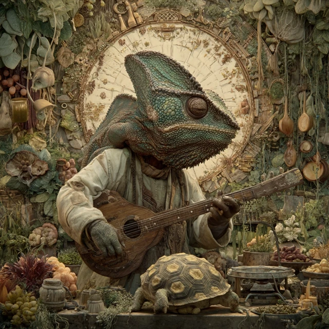Chameleon with Violin in Nature Anniversary