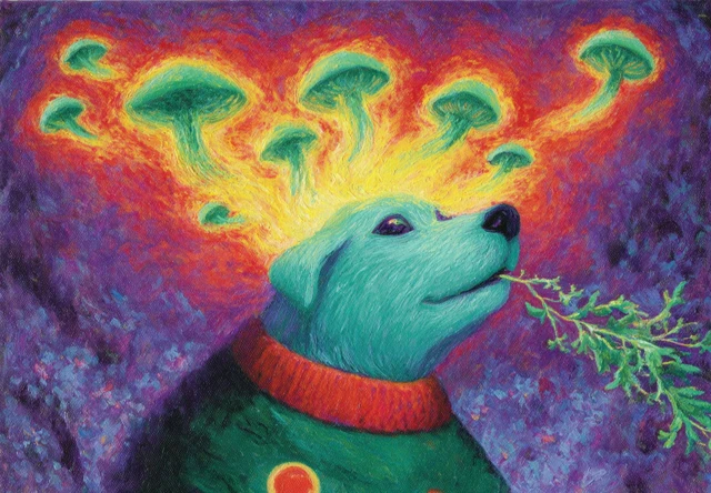 Cool Dog Blowing Mushrooms Art Illustration