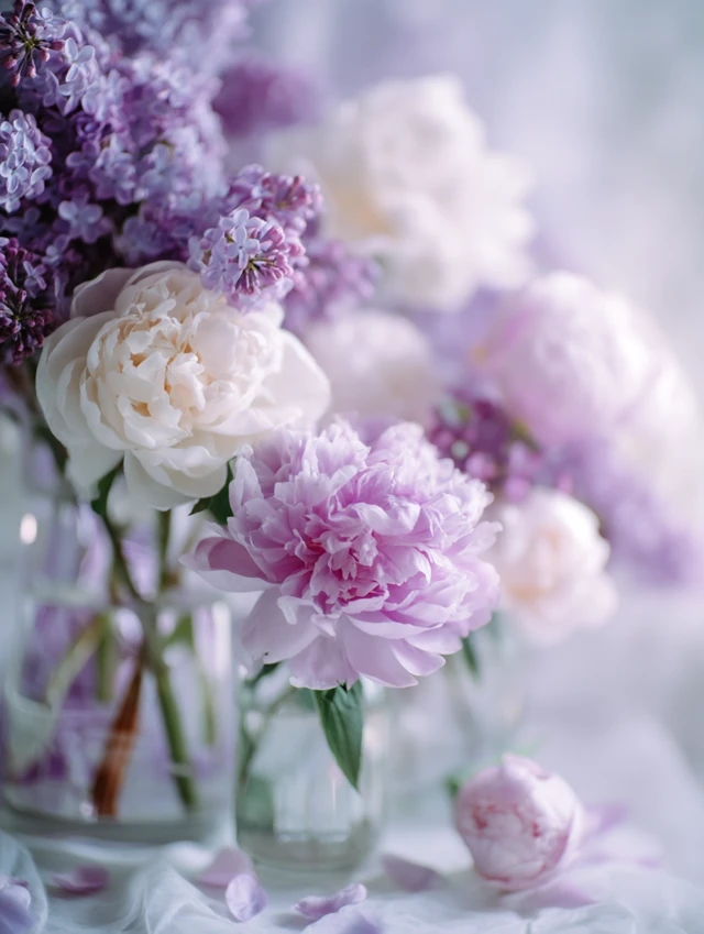 Lilac and Peonies Floral Arrangement Photography
