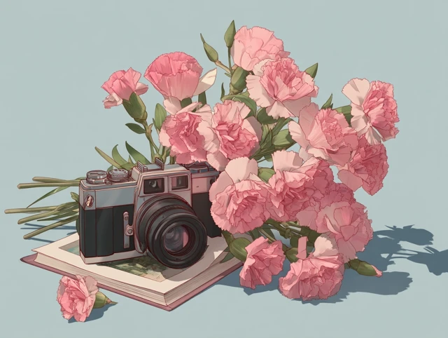 Carnation Bouquet with Camera Illustration