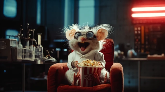 Mouse Watching TV with Popcorn in a Lab