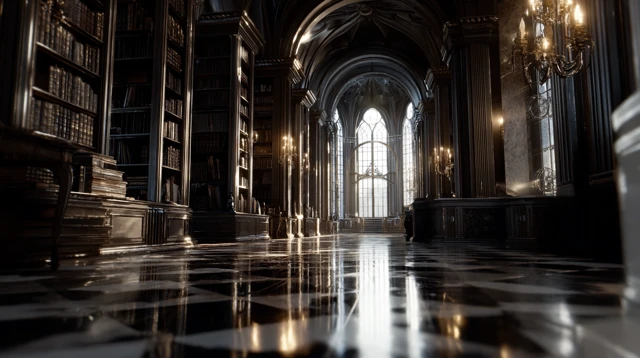 Gothic Library Interior Realistic Cinematic