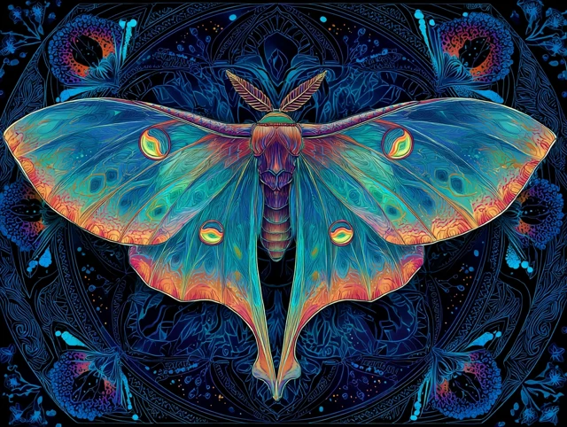 Luminous Moth Mandala Art Neon Colors and Glow