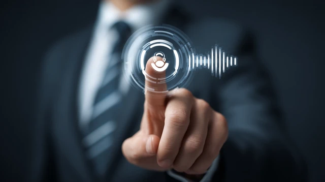 Businessmans Hand Pointing at Voice Recording Icon