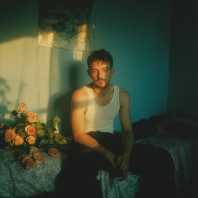 Man with Roses Blue Nighttime Photograph