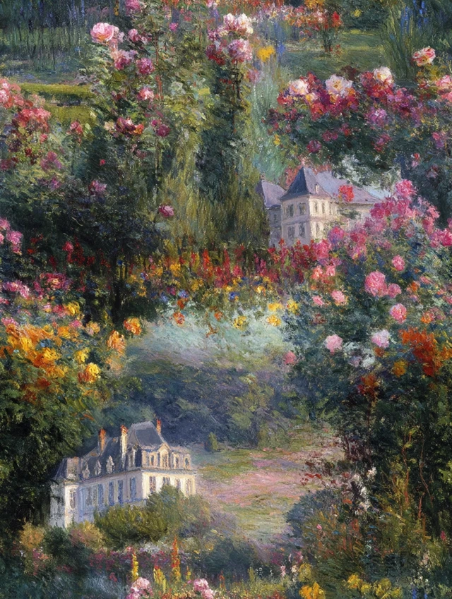 Autumn Sunset Impressionist Painting of Castle and Flowers