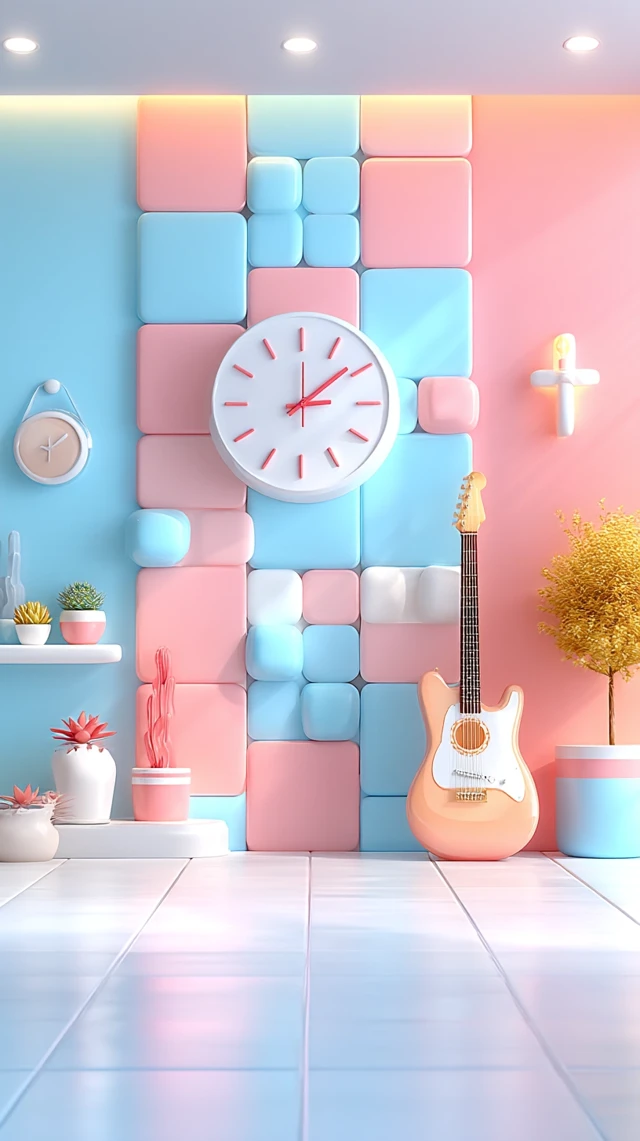 Pastel 3D Render: Pink and Blue Tiles, Clock, Guitar