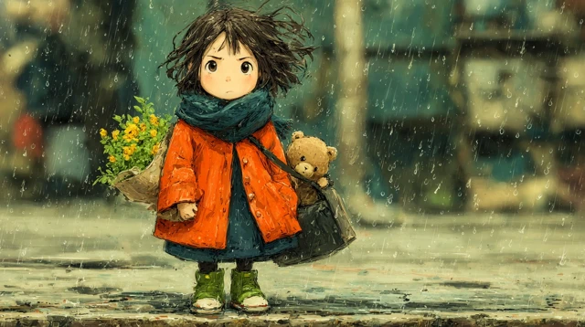Cute Girl in Rain Anime Illustration