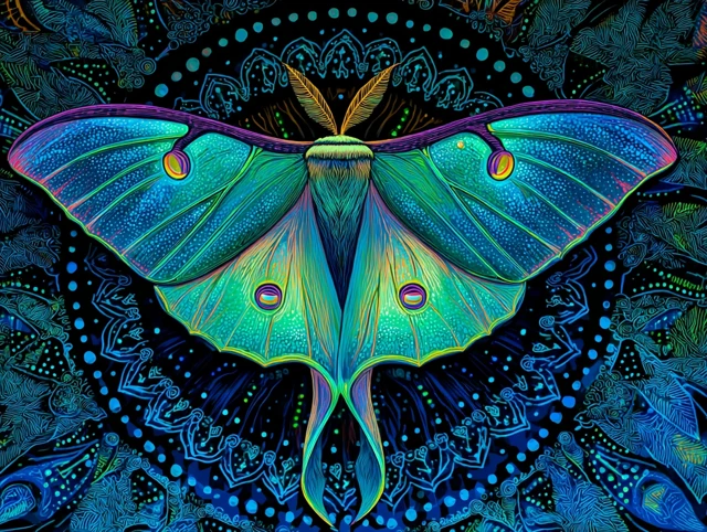 Luminous Moth Mandala Art Neon Colors and Glow