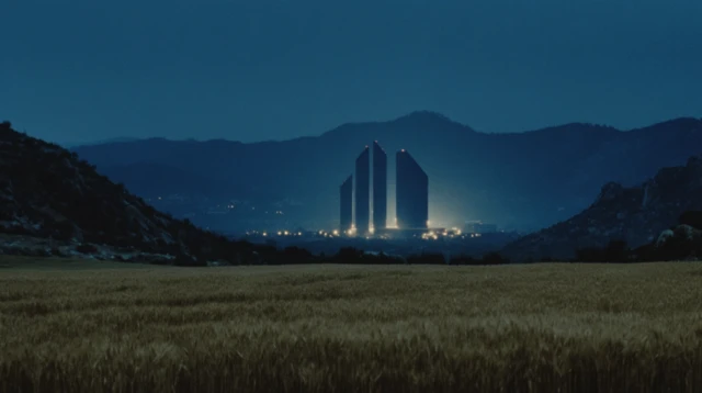 Cyberpunk Noir Film Still Wheat Field Brutalist