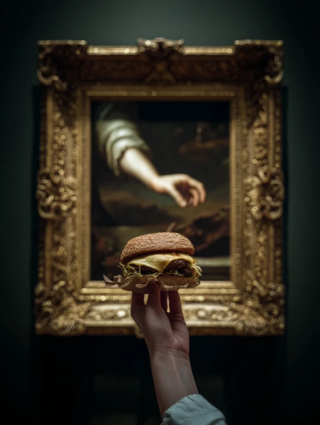 Artful Burger: Baroque Frame Meets Modern Feast