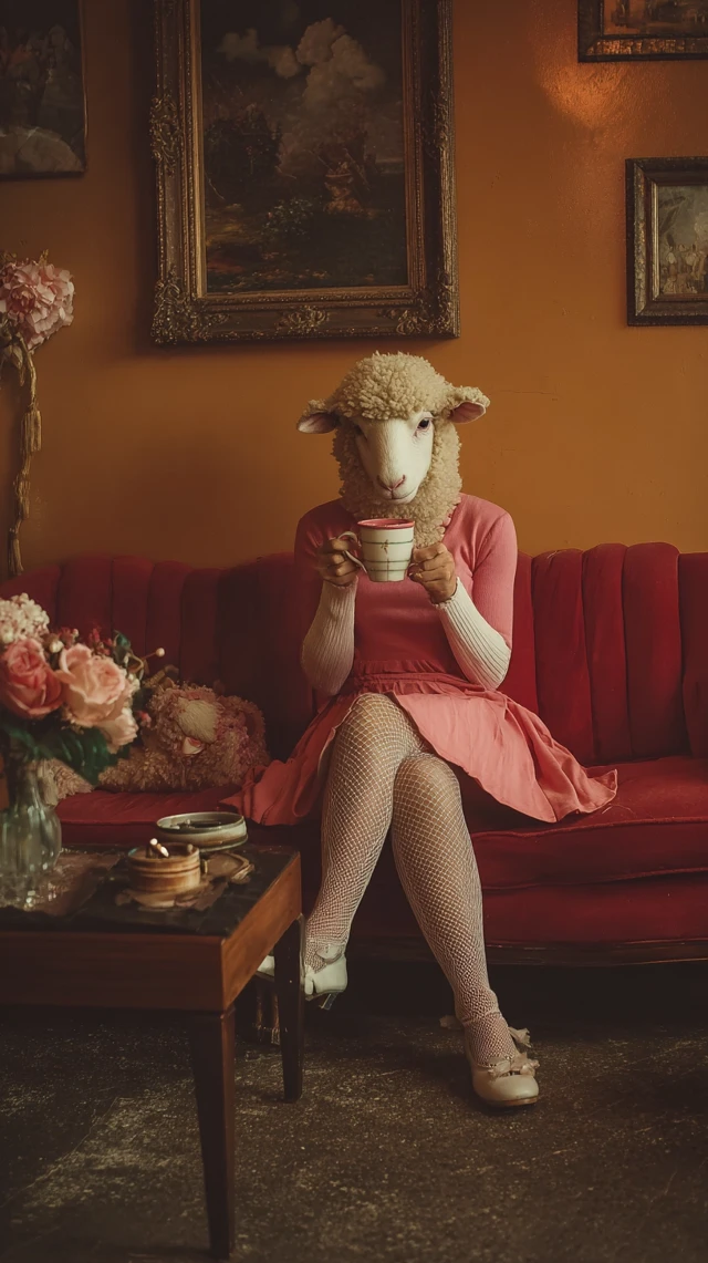 Vintage Sheep Lady Coffee Time Retro Style