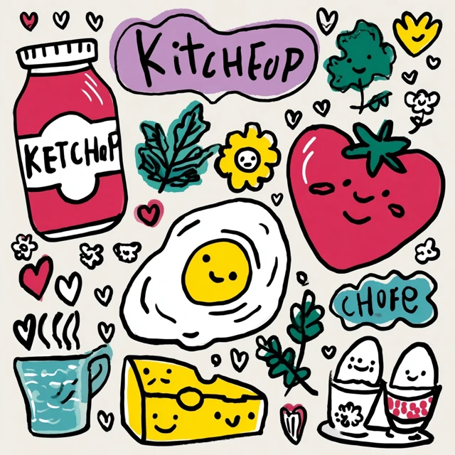 Happy Food Sticker Sheet Illustrations Ketchup Cheese Egg