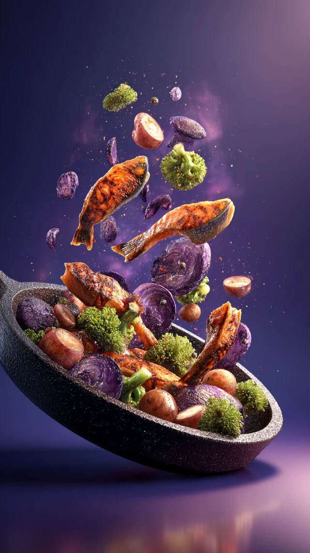 Grilled Fish and Veggies in a Cast Iron Pan 3D Render