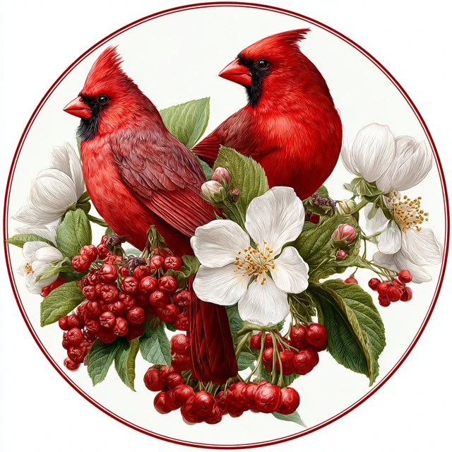 Red Cardinals Flowers Berries Clip Art Style