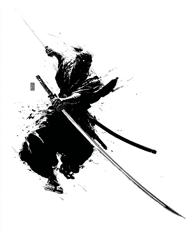 Lone Samurai Swinging Katana Black and White Ink Art