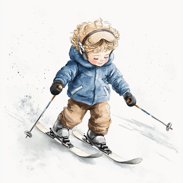 Cute Boy Skiing Watercolor Illustration