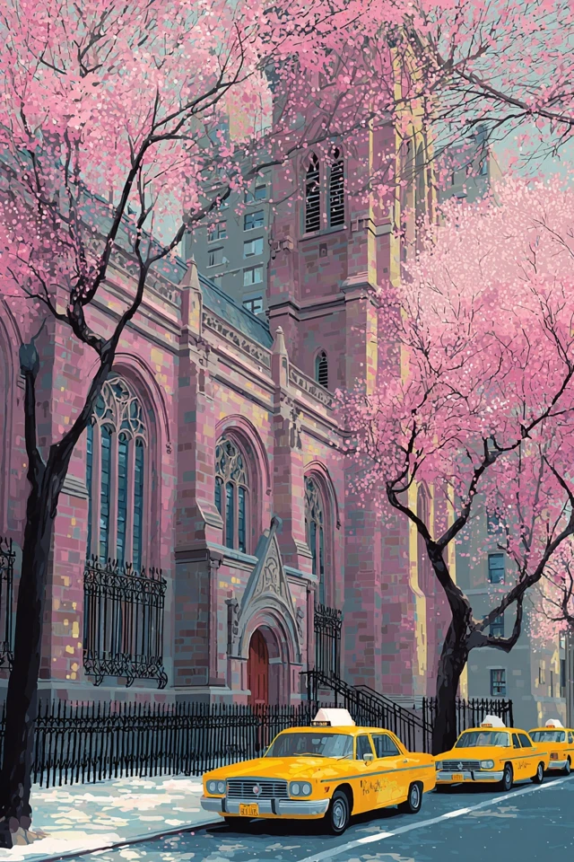 NYC Springtime Cherry Blossoms and Yellow Cabs