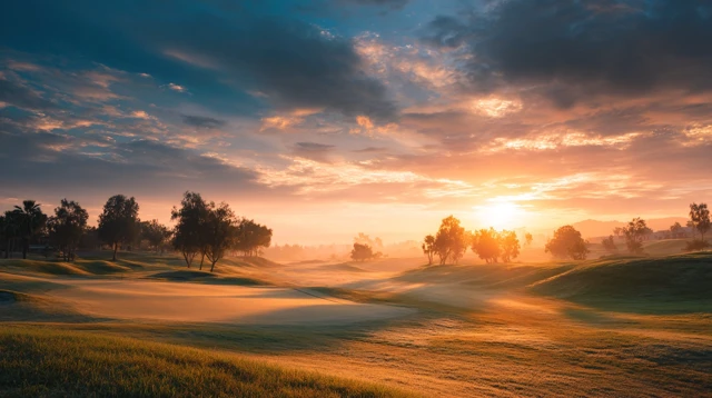 Sunrise Golf Course Dramatic Sky Golden Light