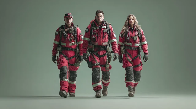 Paramedics in Red Uniforms Standing on Standby